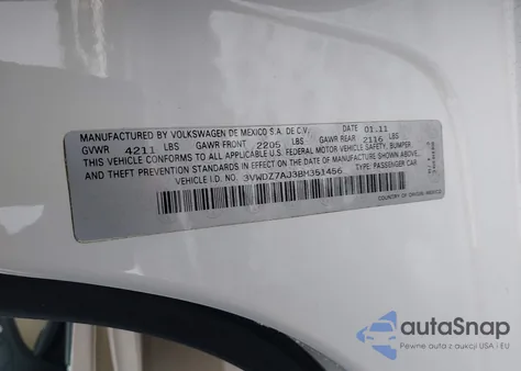 2011 Volkswagen Jetta 2.5L Se из США, поврежденный, VIN 3VWDZ7AJ3BM351456